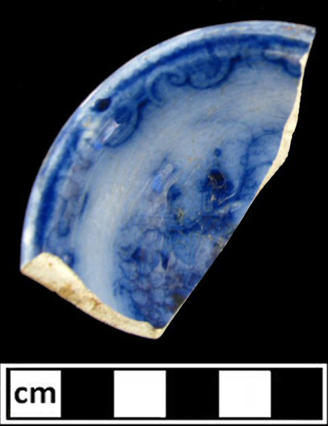 Ladle printed with flow blue floral pattern, from 18BC27, Feature 36.
